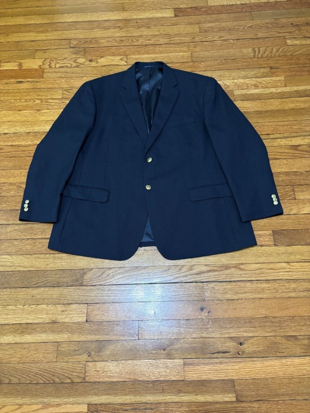 Stafford Mens Blazer Jacket Sz 50R Blue Solid Poly Wool 2 Gold Button Sport Coat